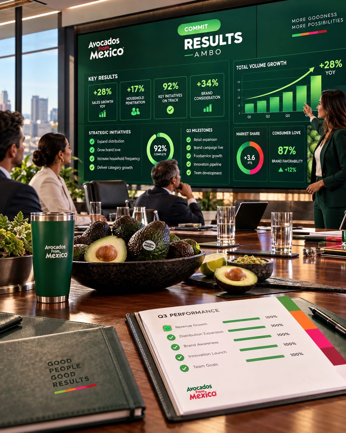Avocados in a bowl on a meeting table in front of a results dashboard with performance charts