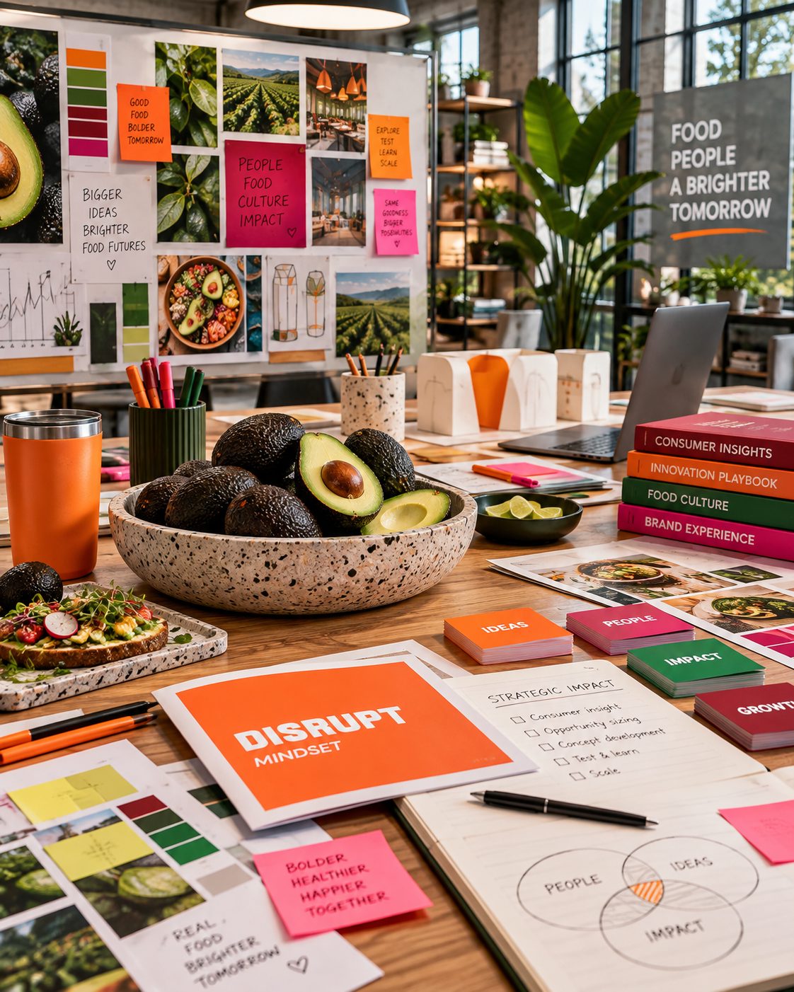 Bowl of avocados on a creative studio desk with a Disrupt Mindset card and an inspiration wall