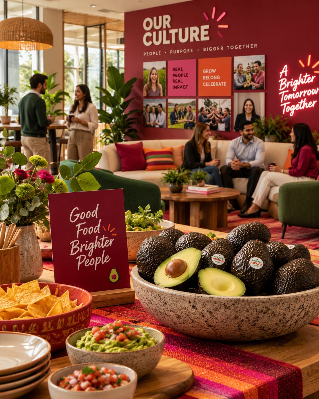 Bowl of avocados, guacamole and chips in front of an Our Culture wall where the team is gathering