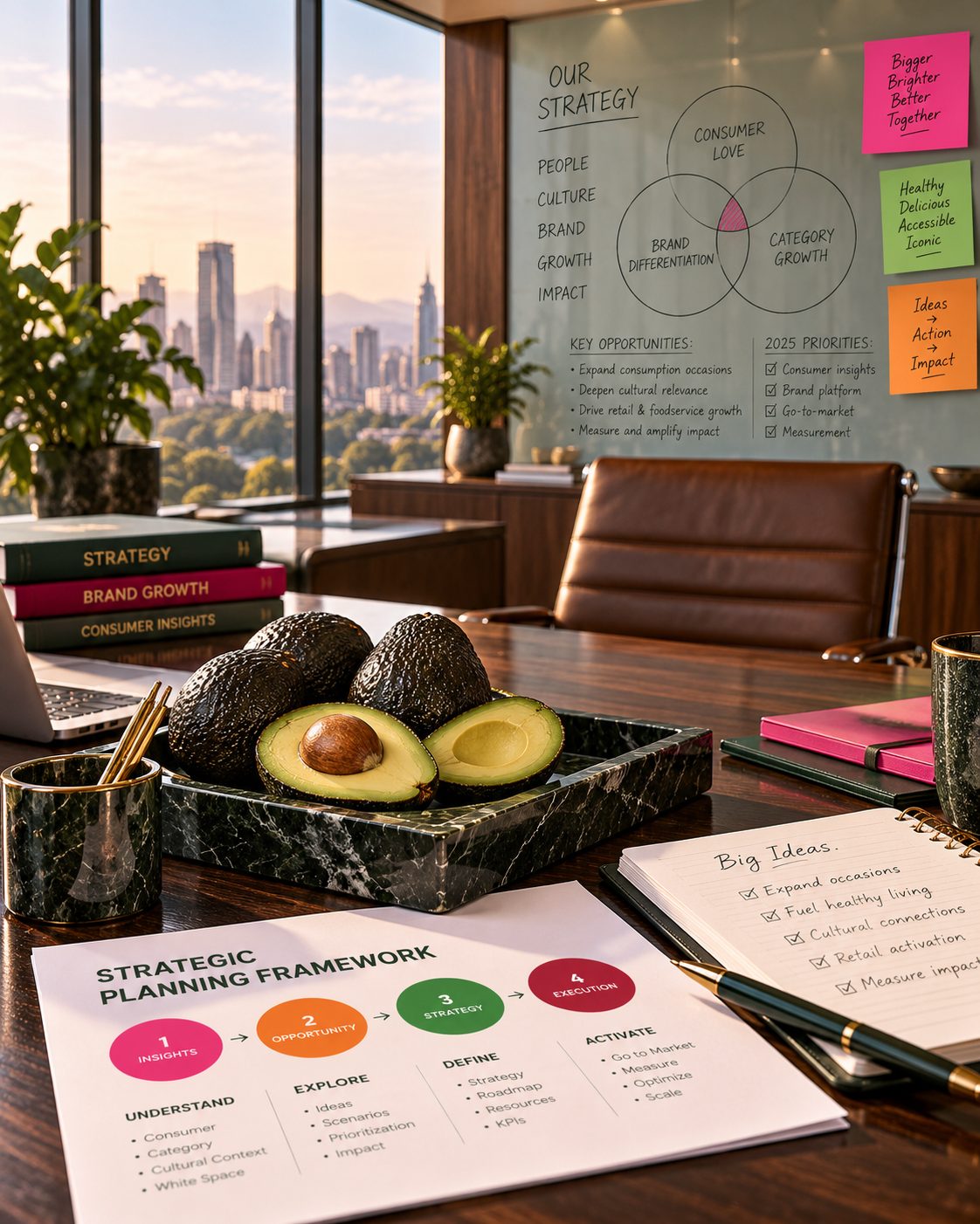 Bowl of avocados on a boardroom desk with a strategy whiteboard and a strategic planning framework page